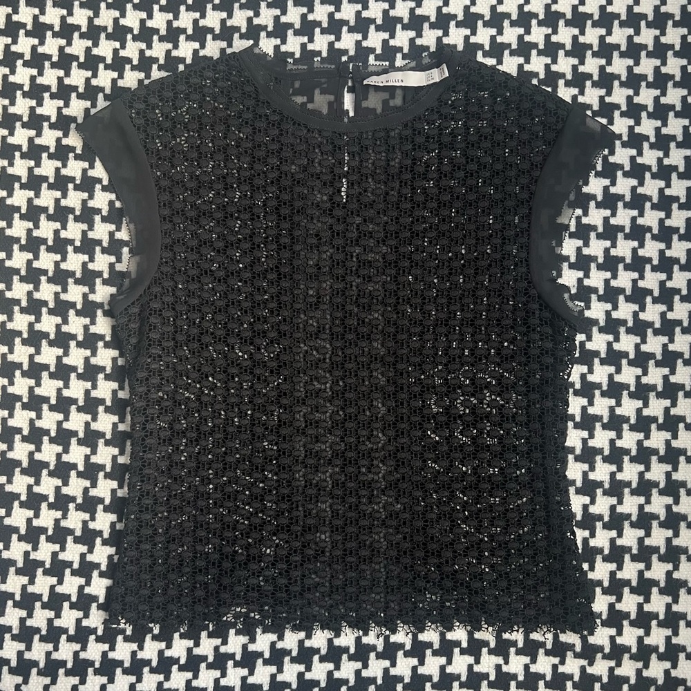 Karen Millen black sheer lace cap sleeve shirt. XS.
